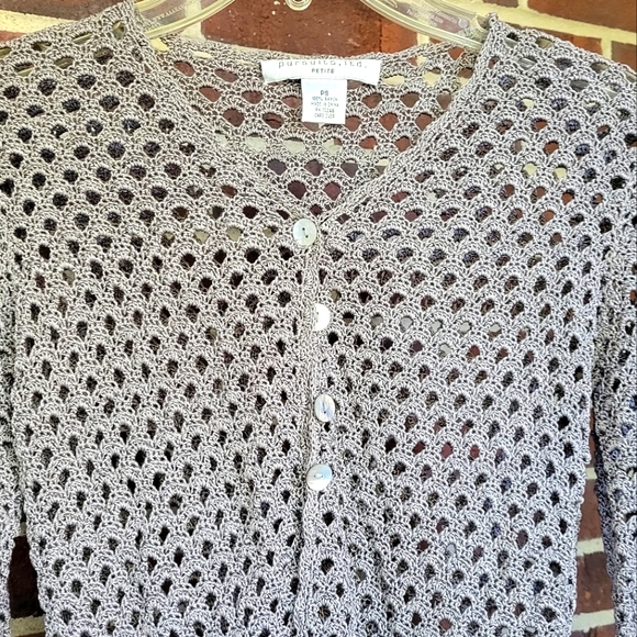Gray Cardigan Crochet Open Knit Sweater Pursuits PS Petite - Picture 2 of 5